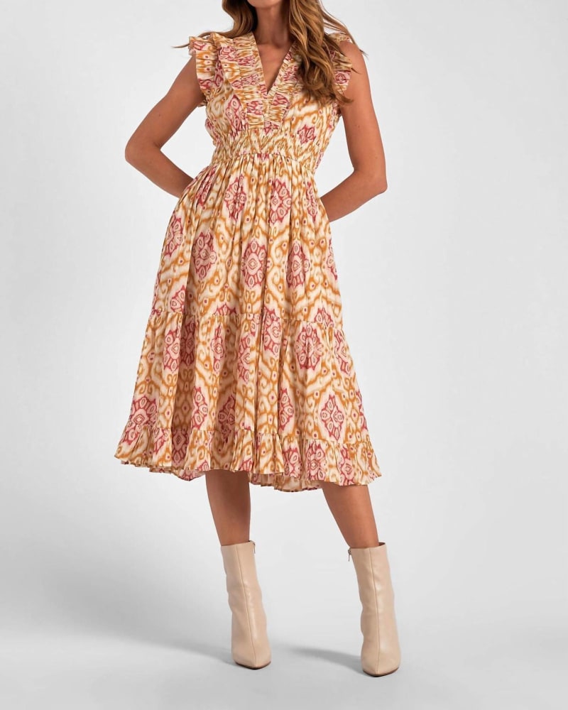 Front of a model wearing a size LARGE Midi Sleeveless Ruffle Dress In Gold Ikat in Gold Ikat by ELAN. | dia_product_style_image_id:342355